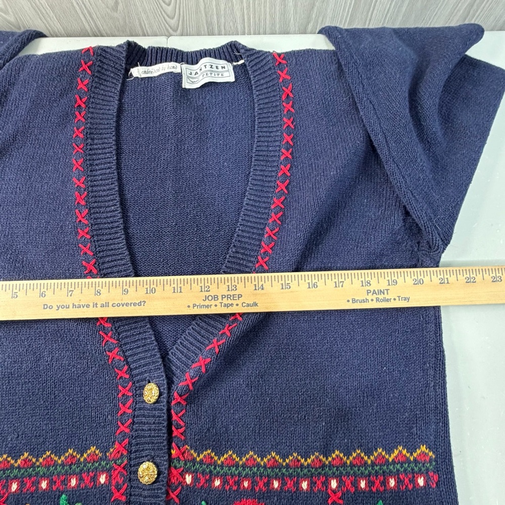 Jantzen Classics Cardigan Sweater Hand Embroidered Vintage Navy Floral Cabin L - Picture 5 of 6